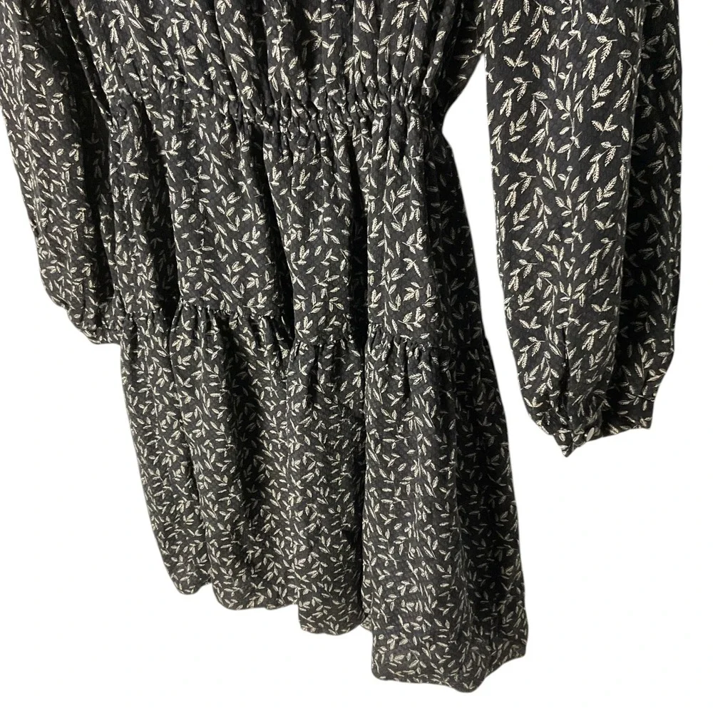 Rebecca Taylor Silk Tiered Mini Dress Black White Leaf Feminine‎ Print Size 6